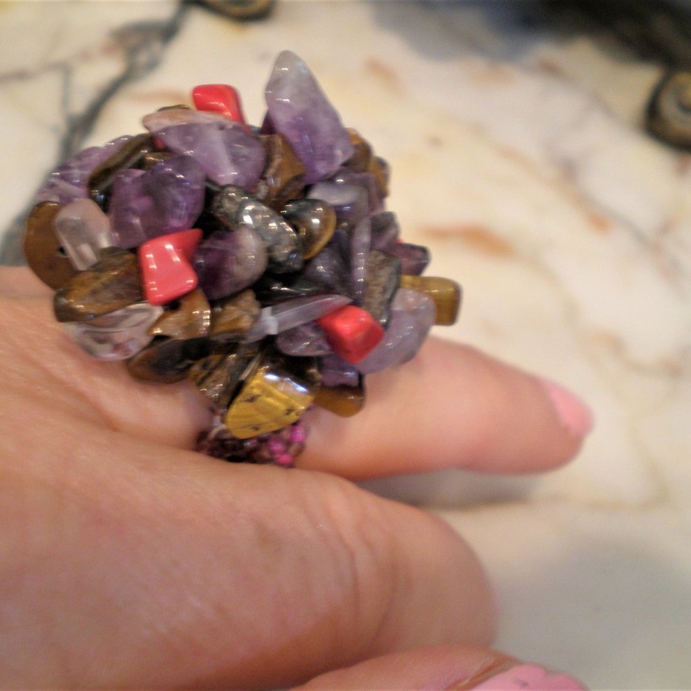 Chunky Multi Gem Stone Stretch Ring - Purple and Reds Nugget Gemstones
